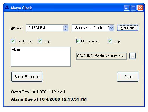 Alarm Clock Main Screen on Windows XP