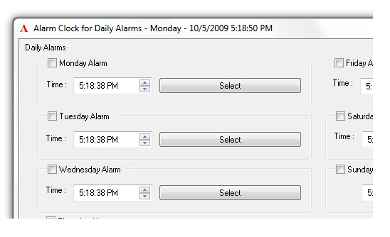 Alarm Clock's Main Window for Daily Alarms
